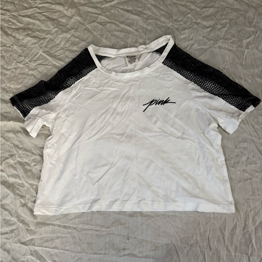 PINK Victoria's Secret White Crop Top with Black Mesh Sleeves
